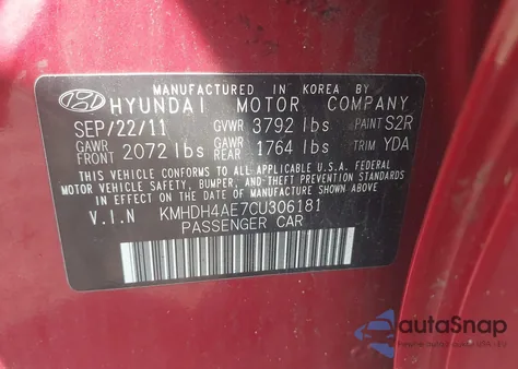 2012 Hyundai Elantra Gls (Ulsan Plant) from USA, damaged, VIN KMHDH4AE7CU306181